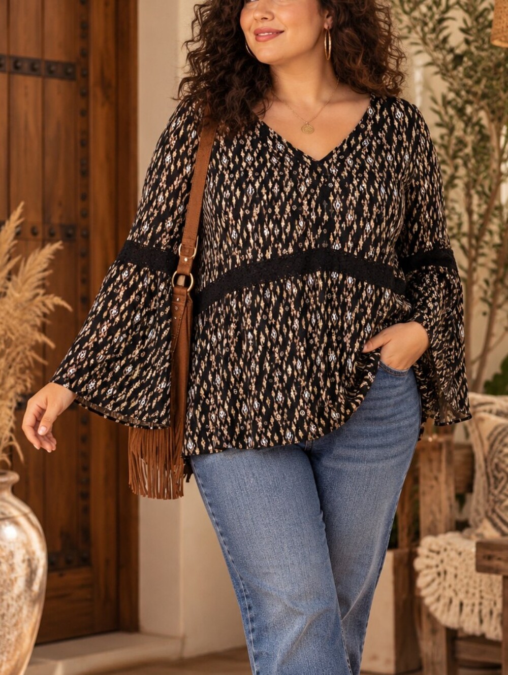 Love & Legend Boho Bell Sleeve V-Neck Tunic Top Plus Size 1X